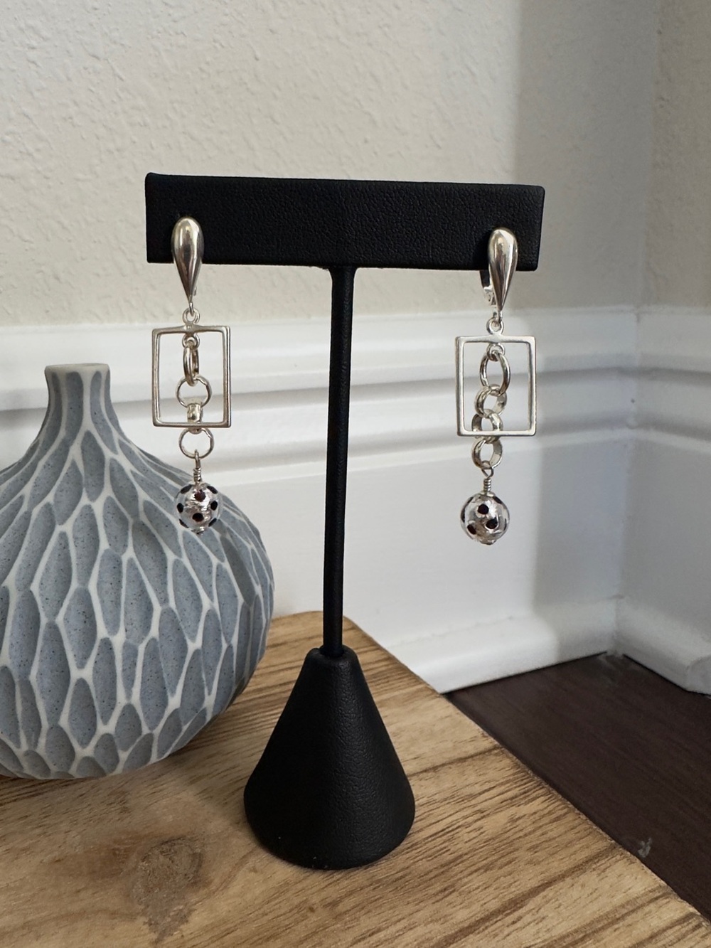 NWOT Sterling Silver Drop Earrings with Geometric Frame and Dangle Glass Bead